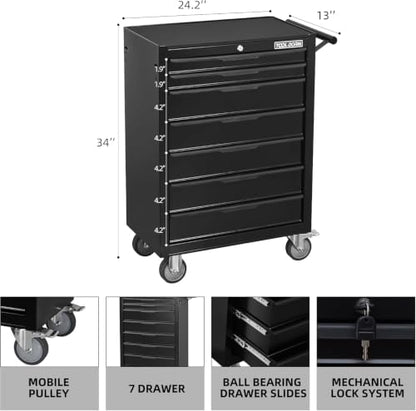 Rolling Tool Chest with Wheels, 7 Drawers Tool Storage Cabinet - color: Black