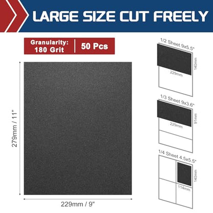 50Pcs Sand Paper 9x11Inch 180Grit Silicon Carbide Sandpaper Sheets - size: 180 Grits
