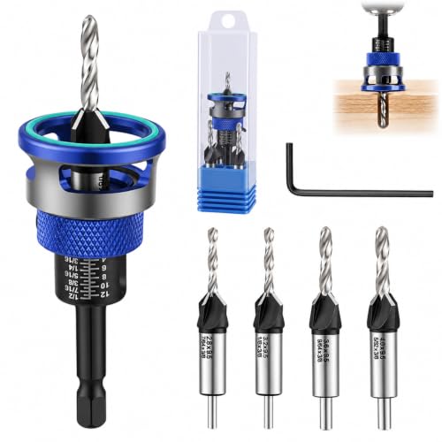 Countersink Drill Bits Set with Adjustable Depth Stop for Woodworking, Blue - color: Blue