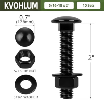 10 Sets 5/16-18 x 2" Carriage Bolt Kit, Round Head Square Neck, Black Carriage Bolts and Hex Nuts Set with Flat Washers - size: 5/16-18 x 2"