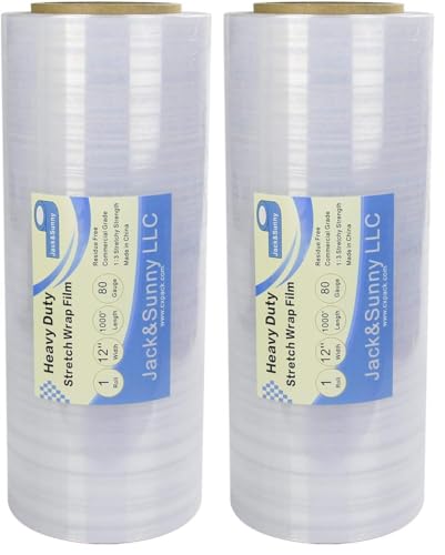 Jack&Sunny Stretch Film -12 inch Shrink Wrap Extra Thick Self-Adhering Plastic Wrap for Moving Supplies, Pallet Packaging,Industrial Strength Clear Packing Material - 1000 Feet, 80 Gauge (Pack of 2) - size: 12''clear (Pack of 2)