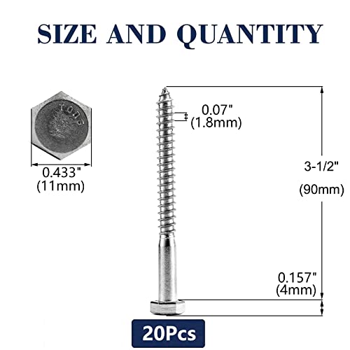 1/4" x 3-1/2" Hex Head Lag Screws Bolts 20Pcs 304 Stainless Steel 18-8, Partial Thread, Hexagon Head Wood Screws by SG TZH - size: 1/4-20 x 3-1/2"
