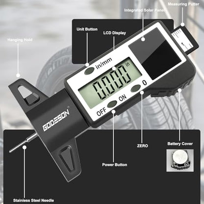 GODESON Digital Tire Tread Depth Gauge, Solar & Battery Power,1" / 25.4mm Range, Inch/MM Display, Black Universal Tire Wear Depth Gauge for All Vehicles (Car, Truck, SUV) - style: IN/MM - Black