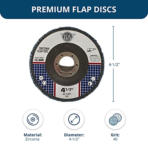 Benchmark Abrasives 4.5" x 7/8" Premium Zirconia T27 Flat Flap Discs 4 1/2 for Angle Grinder, Sanding Discs, Finishing Grinding Wheels 4 1/2 Inch for Sanding Stock Rust Removal (10 Pack) - 40 Grit - style: 40 Grit