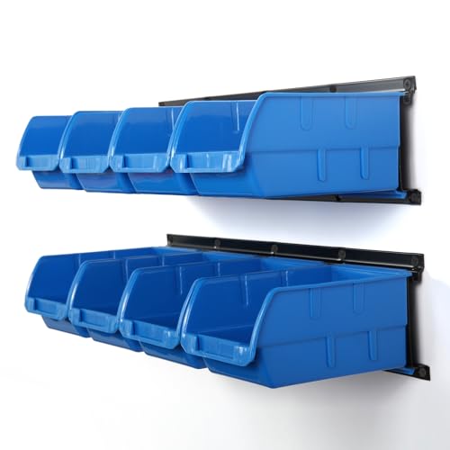 Wallmaster 8-Bin Wall Mounted Plastic Storage Bins Hanging Organizer Bins - color: Blue, size: 8Bins+2Rails