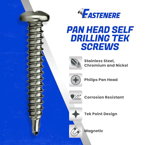 Fastenere Pan Head Self Drilling Tek Screws - #6 x 1 (100 Pack) Stainless Steel 410, Full Thread, Bright Plain Finish, Corrosion-Resistant, Self-Drilling, Easy to Install w/Phillips Drive Size #2 - size: #6 x 1" (100 Pack)