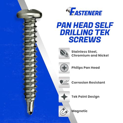 Fastenere Pan Head Self Drilling Tek Screws - #6 x 1 (100 Pack) Stainless Steel 410, Full Thread, Bright Plain Finish, Corrosion-Resistant, Self-Drilling, Easy to Install w/Phillips Drive Size #2 - size: #6 x 1" (100 Pack)