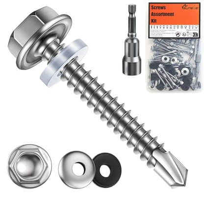 (26Pcs)#14 * 2-3/4"(6.3mm*70mm) Suneke 410 Stainless Steel Self-Drilling TEK Screws, Hex Washer Head with EPDM Waterproof Washers，External Hex Drive, Includes Drill Bit & Storage Box - size: 2-3/4", style: #14