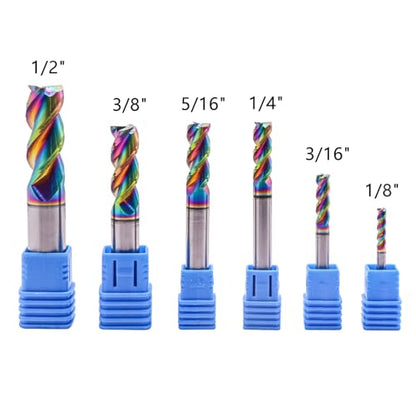 6Pcs 3 Flute 1/8"-1/2" Solid Carbide End Mill Set for Aluminum, DLC Coated