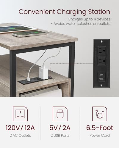 VASAGLE Side End Table with Charging Station, Slim Nightstand with Storage - color: Heather Greige + Ink Black, size: 23.6"D x 11.8"W