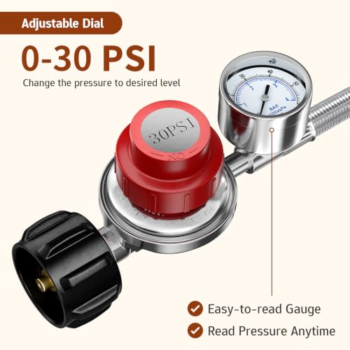 0-30PSI Adjustable Propane Regulator with Stainless Steel Braided Hose, 5FT - size: 60 Inch