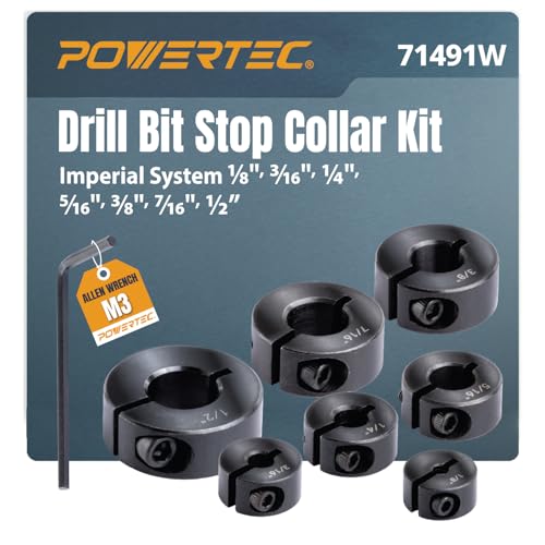POWERTEC Drill Bit Stop Collar Set, 7 Piece Set Adjustable Drill Bit Depth Stopper with Allen Wrench, Bit Stop with Imperial System Size Markings - 1/8", 3/16", 1/4", 5/16", 3/8", 7/16", 1/2” (71491W) - style: 7PC Adj Drill Stop Set w/ Wrench