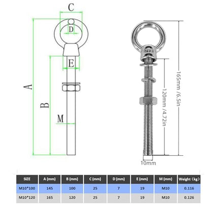 2-Pack M10x120mm 316 Stainless Steel Eye Bolt,Shoulder Eye Bolts 3/8"X 5" with Nuts and Open Spring Washer and Flat Washer,Thread Lifting Ring Heavy Duty Eyebolt for Wire Rope and Rigging Hardware