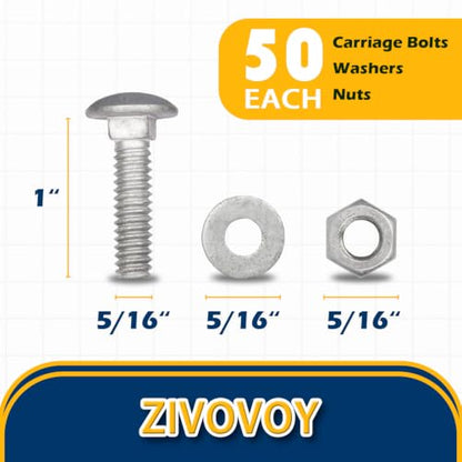 5/16" x 1"Hot Dip Galvanized Grade 307A Carriage Bolt Kit, 50 Pack, Comes with 5/16" USS Flat Washers & 5/16"-18 Hex Nuts, Heavy Duty Exterior Construction Use - size: 5/16*1