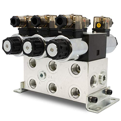 Electric Hydraulic Double Acting Directional Control Valve, 3 Spool, 15 GPM (D Spools, Motor Control, 12 volt) - style: D Spools (Motor Control) 12 volt