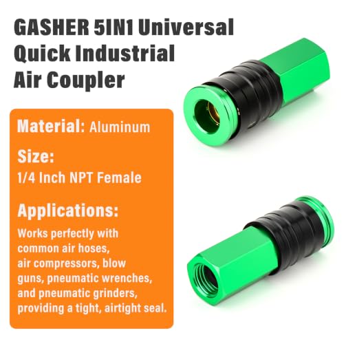 GASHER 1/4" FNPT 5IN1 Universal Quick Industrial Air Coupler Green - color: Green