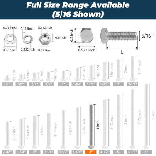8 Sets Glvaner 5/16-18 x 4" Stainless Steel Hex Head Screws Bolts, Nuts, Flat & Lock Washers, 18-8 (304) Stainless Steel, Full Thread, Coarse Thread - size: 5/16-18 x 4"