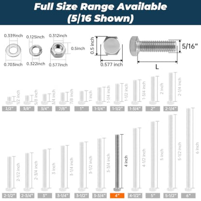 8 Sets Glvaner 5/16-18 x 4" Stainless Steel Hex Head Screws Bolts, Nuts, Flat & Lock Washers, 18-8 (304) Stainless Steel, Full Thread, Coarse Thread - size: 5/16-18 x 4"