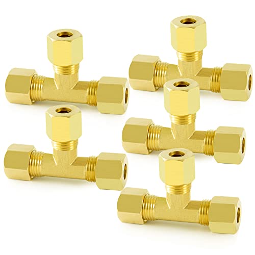 ChillWaves Brass Tee Compression Tube Fitting, 1/4" OD x 1/4" OD x 1/4" OD Compression Union Connector(5-PACK) - size: 1/4" OD x 1/4" OD x 1/4" OD