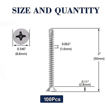 #10 x 2 Sheet Metal Screws 100Pcs 410 Stainless Steel Flat Head Tek Screws Fast Self Tapping Screws by SG TZH - size: #10 x 2"
