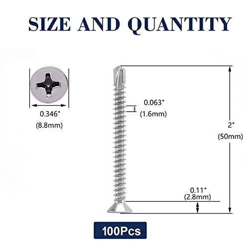 #10 x 2 Sheet Metal Screws 100Pcs 410 Stainless Steel Flat Head Tek Screws Fast Self Tapping Screws by SG TZH - size: #10 x 2"