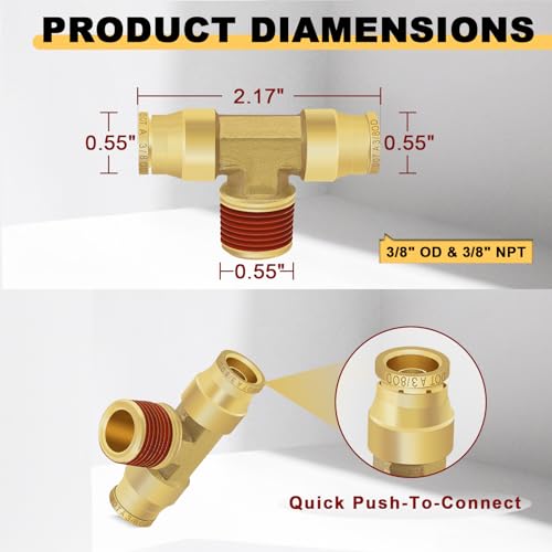 Siptenk 3/8" OD Tube x 3/8" NPT Thread Tee Brass Push to Connect Fittings - color: 3/8" OD & 3/8" NPT Tee
