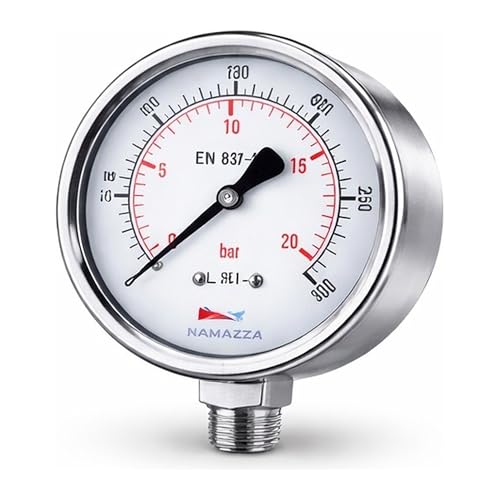 2.5" Glycerin-Filled Pressure Gauge, 0-300 PSI / 0-20 Bar, 1/4" NPT Lower Mount, 304 Stainless Steel Case/Wetted Parts, CL 1.6, Conforms to EN 837-1