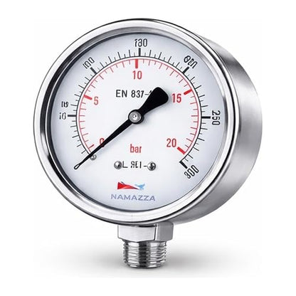 2.5" Glycerin-Filled Pressure Gauge, 0-300 PSI / 0-20 Bar, 1/4" NPT Lower Mount, 304 Stainless Steel Case/Wetted Parts, CL 1.6, Conforms to EN 837-1