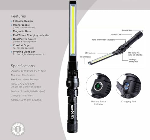 NextLED NT-7543 Foldable Rechargeable LED Work Light, COB LED Slim Work Light with Magnetic Base. Ultra Bright Flashlight, Cast Aluminum, Mechanics, Car Repair, Outdoor, Camping, Emergency, Garage - style: 350 Lumen Single Sided