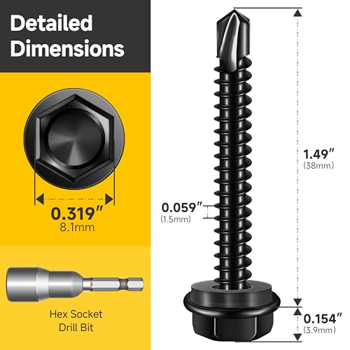 Mywish 50pcs #10 x 1-1/2" Self Drilling Screws for Metal, 410 Stainless Steel Hex Washer Head Self Drilling Screws, Black Oxided Self Tapping Sheet Metal Tek Screw Fast Tapping - size: #10x1-1/2"(50pcs)