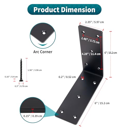 6" x 6" x 2-3/8" Heavy Duty Steel L Angle Corner Bracket, 90 Degree Support Bracket for Wood Beams Pergolas Shelves Furniture, Thickness 0.15", Max Load 250 lbs, 8 Pack - size: 6" x 6" x 2-3/8"