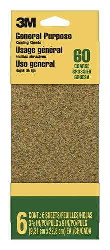 3M Sandpaper, 60 Grit, 6 Sheets, 3-2/3 in x 9 in, Sands Paint, Wood & Metal, Great for General Purpose Sanding, Coarse Aluminum Oxide Sand Paper (9017NA-CC) - size: 3-2/3 in x 9 in, style: Coarse