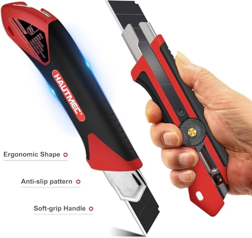 HAUTMEC 25mm Extra Heavy-Duty Utility Knife, Multi-Purpose Snap-off Box Cutter, Ratchet-lock Mechanism, Reinforced Fiberglass Handle HT0250-KN