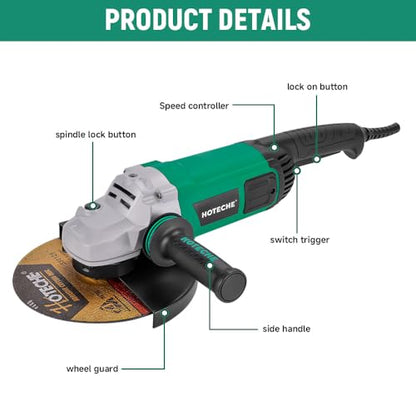 Hoteche 9-Inch Angle Grinder 4-HP Grinding and Cutting Tool Fits 7/8" Hole Size Wheels with Rotatable Handle and Lock-On Switch - size: 9-Inch 4-HP