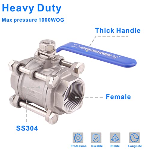 DERNORD Ball Valve 1.5 Inch NPT Threaded - Stainless Steel 304 Female 3 Piece Full Port (1.5" NPT Female) - size: 1.5" NPT Female