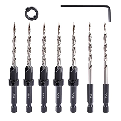 Newdeli 9pcs Wood Countersink Drill Bit Set 1/4" Quick Change Shank - 5Pc Adjustable Countersink Bit #8(11/64") - 2 Extra 11/64 Tapered Drill Bits - 1 Adjust Collar - 1 Wrench, Pilot Screw Hole Set - style: 9pc All Same Size Set(#8)