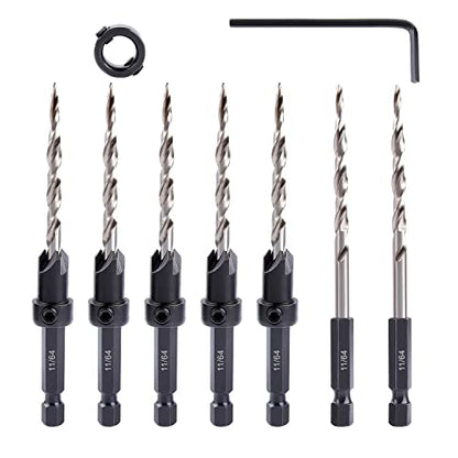 Newdeli 9pcs Wood Countersink Drill Bit Set 1/4" Quick Change Shank - 5Pc Adjustable Countersink Bit #8(11/64") - 2 Extra 11/64 Tapered Drill Bits - 1 Adjust Collar - 1 Wrench, Pilot Screw Hole Set - style: 9pc All Same Size Set(#8)