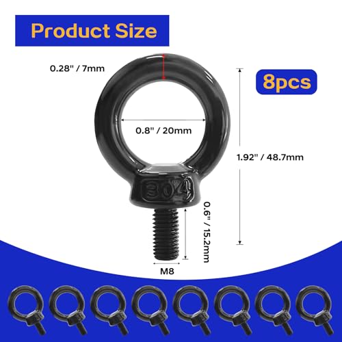 M8 Eye Bolt, 8Pcs Black Lifting Eye Bolts Screw Heavy Duty - size: M8, Black