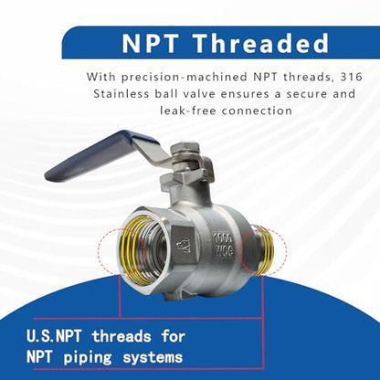 1 Inch 316 Stainless Steel Ball Valve NPT Full Port 2-Pack - size: 316 1" NPT F x M