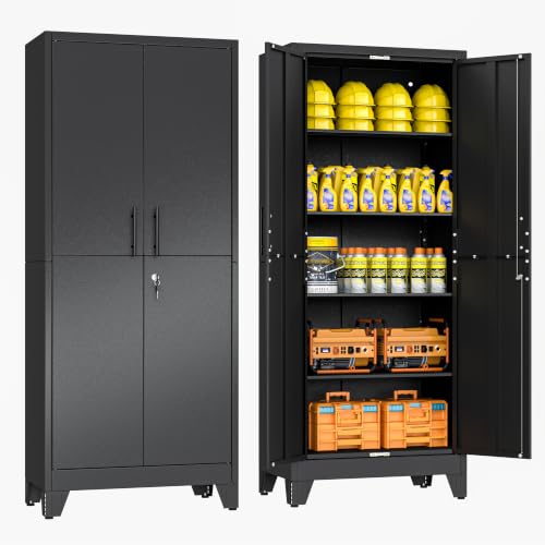 70.86" Metal Garage Storage Cabinet, Lockable Tall Tool Cabinet, Black - color: Black, size: 13.78"D x 25.98"W x 70.86"H