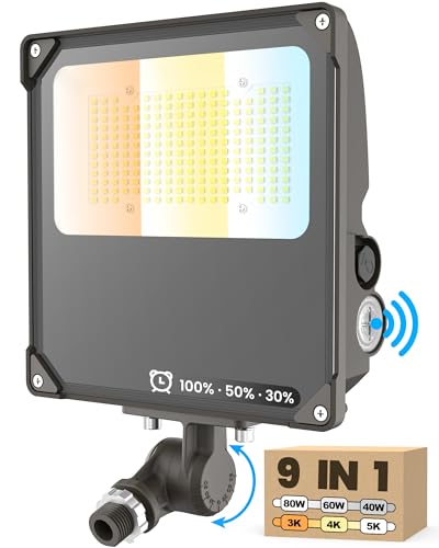 YARBO 9-in-1 LED Flood Light, 80W/60W/40W & 5000K/4000K/3000K Selectable, Timer Dimming & Dusk-to-Dawn Photocell, 12000LM IP65 Waterproof ETL Listed AC100-277V, Knuckle Mount for Patio Garage Backyard - size: 80W/60W/40W Selectable || Knuckle Mount