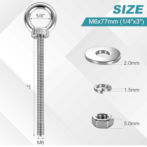 304 Stainless Steel Eye Bolt, M6x77mm (1/4"x3") Heavy Duty Eye Bolts with Nuts Washers, 2 Pack Lifting Ring Eye Bolt for Hanging String Lights Outdoor Tie Down - size: M6x77mm(1/4"x3")