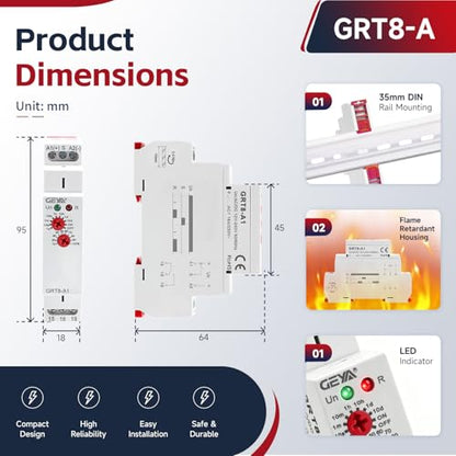 Delay On Time Relay 16A 2SPDT Electronic Adjustable Single Function Timer Delay Relay Din Rail Modular(GRT8-A2,AC230V) - size: GRT8-A2,A230