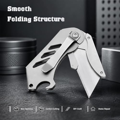 Small Utility Knife, Mini Box Cutter with Bottle Opener, Compact Portable Light Weight Everyday Carry Extra SK5 Replacement blades Foldable Quick Change Pocket EDC Gear for Carton, Carboard (Silver) - color: Silver