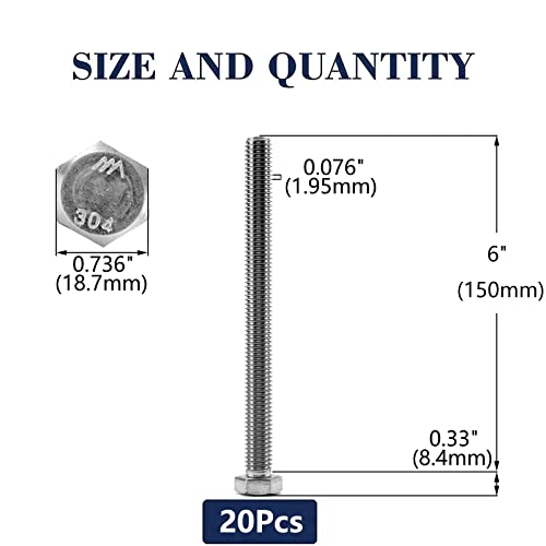 1/2-13 x 6 Hex Head Screw Bolt, 20Pcs 18-8 (304) Stainless Steel, Fully Threaded, Plain Finish, by SG TZH - size: 1/2-13 x 6"
