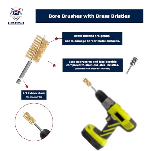 8-Size Bore Brush Set, Brass / Copper Wire Brush for Power Drill, Drill Brush Set, Metal Brush, Cleaning Brush, 1(1/8), 1.0, 7/8, 3/4, 5/8, 1/2, 3/8, 1/4 - inch Diameter, with 1/4-in Hex Shank - style: 1Set x 8Size (Brass)