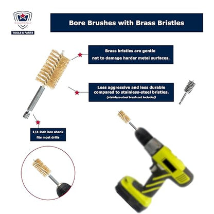 8-Size Bore Brush Set, Brass / Copper Wire Brush for Power Drill, Drill Brush Set, Metal Brush, Cleaning Brush, 1(1/8), 1.0, 7/8, 3/4, 5/8, 1/2, 3/8, 1/4 - inch Diameter, with 1/4-in Hex Shank - style: 1Set x 8Size (Brass)