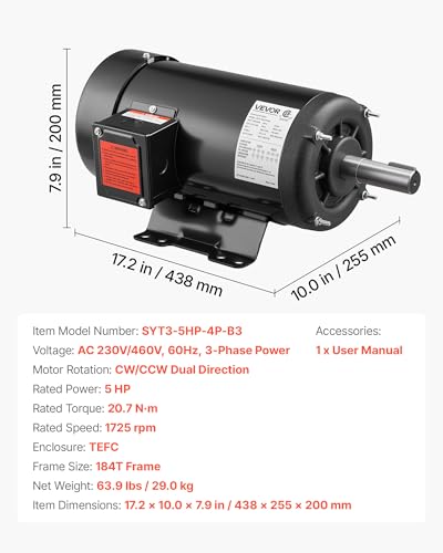 VEVOR 5 HP Electric Motor, 1725RPM Air Compressor Motor, CW/CCW Rotation, 1.125 inch Shaft Diameter, 2.75inch Shaft Length, 20.7N.m Torque, Three-Phase, TEFC Cooling, 230V/460V, 184T Frame - size: 5P B-2.75in Shaft Length