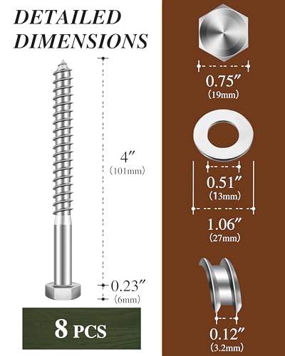 (1Box) 3/8" x 4" Hex Head Lag Screws Bolts with Flat Washers, 8Sets 304 Stainless Steel 18-8 Heavy Duty 3/8 Lag Bolts for Wood with Hex Socket - size: 3/8" x 4", style: 1-Box