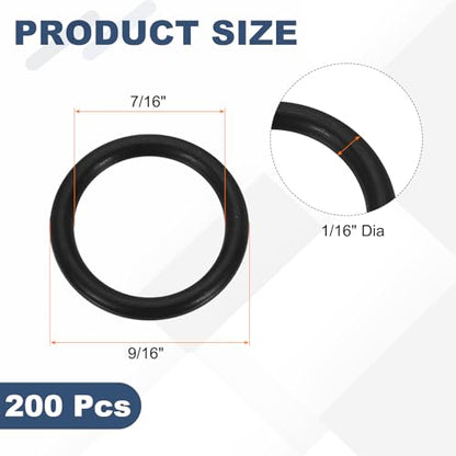 uxcell 200Pcs AS-013 O-Rings, Nitrile Rubber O-Rings 7/16" ID, 9/16" OD, 1/16" Width Round Sealing Gasket for Automotive Machine Plumbing Sealing Repair (70 Durometer, Black) - size: 7/16" ID, 9/16" OD, 1/16" Width